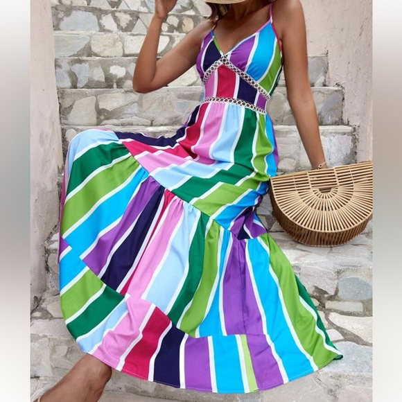 Colorful Striped Ruffle Hem Maxi Cami Dress - Picture 3 of 8